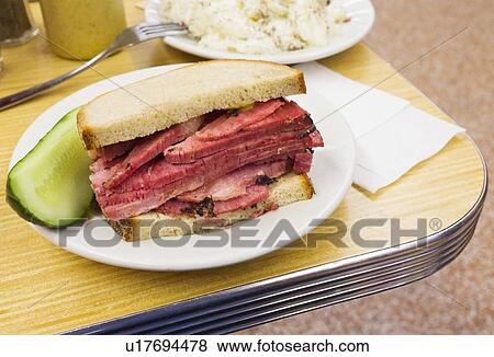 Stock Photo - USA, New York State, New York City, Pastrami sandwich. Fotosearch