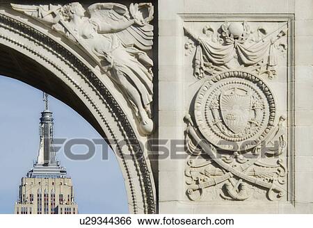 Stock Photograph - USA, New York State, New York City, Washington Square Arch and Empire State building. Fotosearch