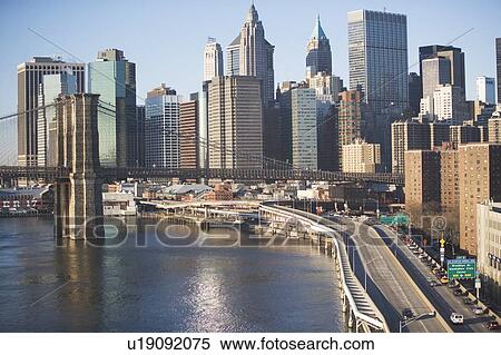 USA, New York State, New York City, Brooklyn Bridge with skyscrapers View Large Photo Image Stock Photography - USA, New York State, New York City, Brooklyn Bridge with skyscrapers. Fotosearch