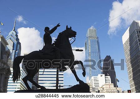 USA, Pennsylvania, Philadelphia, statue silhouette in front of skyscrapers View Large Photo Image Stock Photography - USA, Pennsylvania, Philadelphia, statue silhouette in front of skyscrapers. Fotosearch