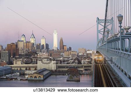 USA, Pennsylvania, Philadelphia, view at Benjamin Franklin Bridge at sunset View Large Photo Image Stock Photo - USA, Pennsylvania, Philadelphia, view at Benjamin Franklin Bridge at sunset. Fotosearch