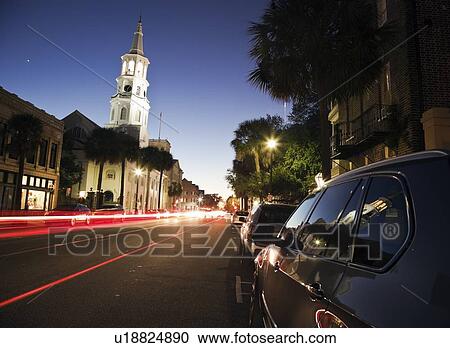 Stock Image - USA, South Carolina, Charleston, Light trails in street. Fotosearch