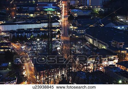 Stock Photography - USA, Tennessee, Gatlinburg, Elevated view of city at dawn. Fotosearch