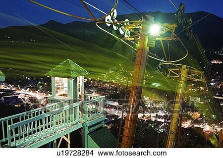 Picture - USA, Tennessee, Gatlinburg, Lift to mountain observation point at night. Fotosearch
