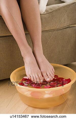 Stock Photo - Woman soaking feet in water with rose petals. Fotosearch
