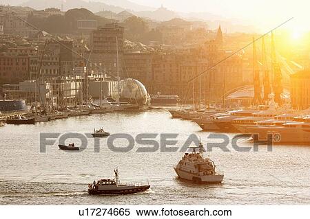 Stock Photography - Aerial view of ships in urban bay. Fotosearch