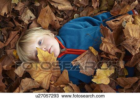 Stock Image - Boy playing in autumn leaves. Fotosearch