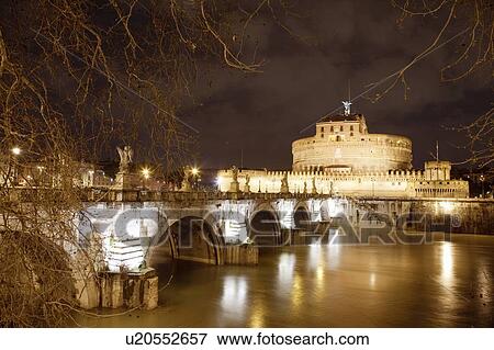 Stock Photo - Bridge in the Vatican lit up at night. Fotosearch