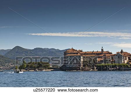 Stock Image - Castle and gardens built on island. Fotosearch