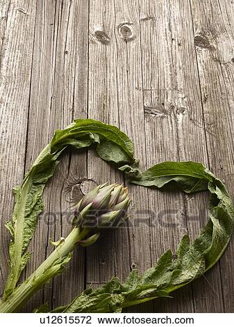 Stock Image - Close up of artichoke on wooden table. Fotosearch