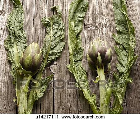 Stock Image - Close up of artichokes on wooden table. Fotosearch