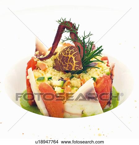 Picture - Close up of plate of Sardinian couscous. Fotosearch