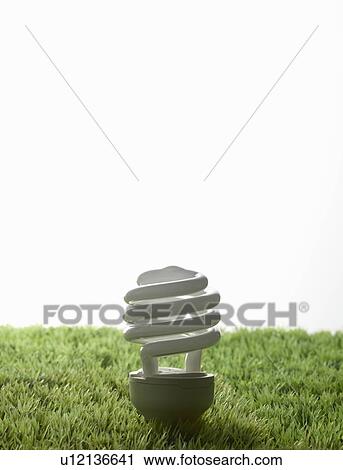 Stock Image - Fluorescent light bulb in grass. Fotosearch