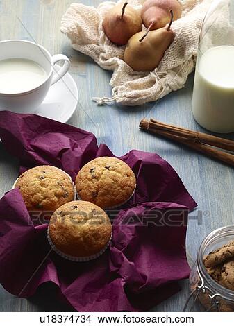 Muffins, pears, and milk on table View Large Photo Image Picture - Muffins, pears, and milk on table. Fotosearch