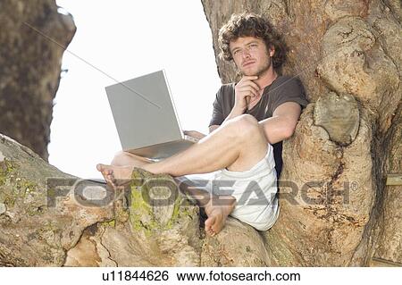 Pensive man using laptop in tree View Large Photo Image Stock Photograph - Pensive man using laptop in tree. Fotosearch