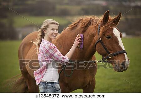 Stock Image - Teenage girl brushing horse in field. Fotosearch