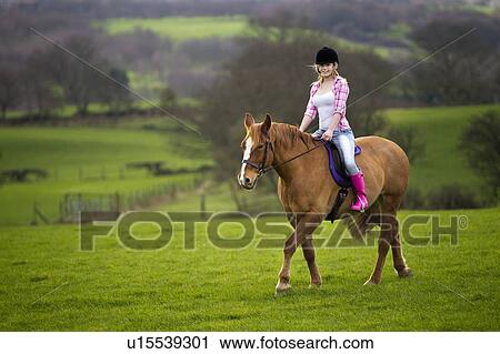 Teenage girl riding horse in field View Large Photo Image Stock Image - Teenage girl riding horse in field. Fotosearch