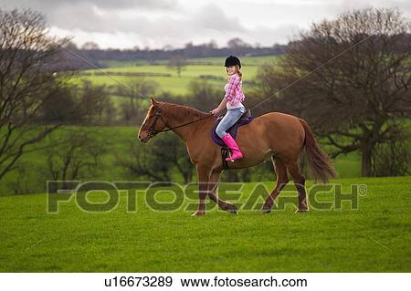Stock Photo - Teenage girl riding horse in field. Fotosearch