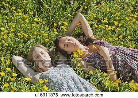 Stock Photography - Teenage girls laying in field of flowers. Fotosearch