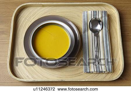 Tray with bowl of soup and spoon View Large Photo Image Stock Image - Tray with bowl of soup and spoon. Fotosearch