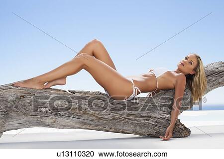 Woman in bikini laying on log View Large Photo Image Stock Image - Woman in bikini laying on log. Fotosearch