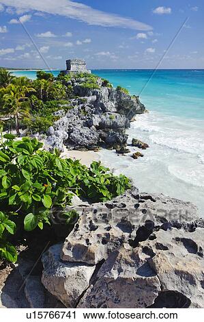 Stock Image - Beach with ancient Mayan ruins. Fotosearch