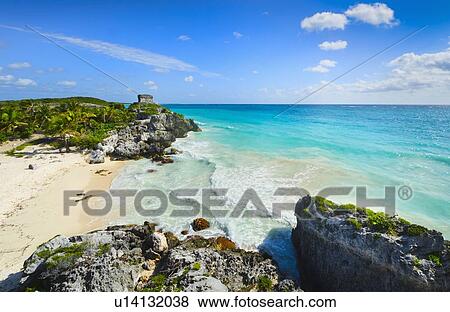 Stock Photo - Beach with ancient Mayan ruins. Fotosearch