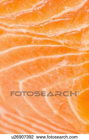 Stock Image - Close up of salmon meat, studio shot. Fotosearch