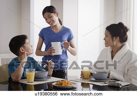 Girl serving milk to family over breakfast View Large Photo Image Stock Photograph - Girl serving milk to family over breakfast. Fotosearch