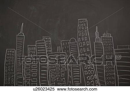 Modern city skyline drawn on blackboard View Large Photo Image Stock Photography - Modern city skyline drawn on blackboard. Fotosearch