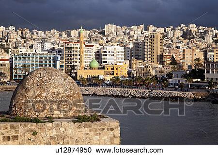 Stock Image - Sidon Sea Castle with city panorama. Fotosearch