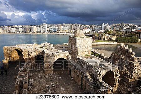 Stock Image - Sidon Sea Castle with city panorama. Fotosearch