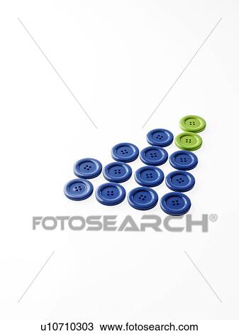 Stock Image - Studio shot of blue and green buttons in a row. Fotosearch
