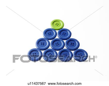 Stock Photo - Studio shot of blue and green buttons arranged in triangle. Fotosearch