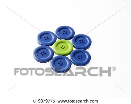 Studio shot of blue and green buttons arranged in flower head View Large Photo Image Stock Photography - Studio shot of blue and green buttons arranged in flower head. Fotosearch