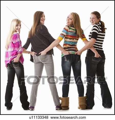 Studio shot of four happy girls (12-13) View Large Photo Image Stock Photo - Studio shot of four happy girls (12-13). Fotosearch