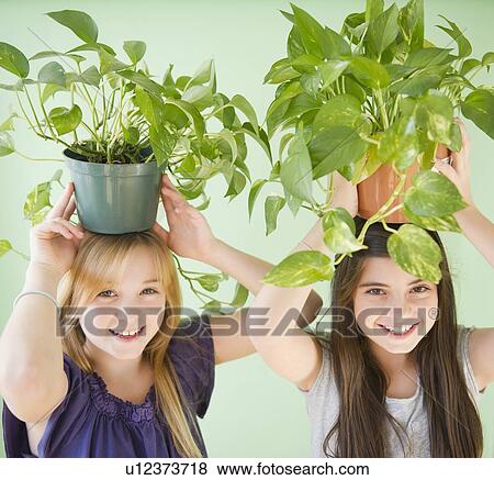 Two girls carrying potted plants on heads View Large Photo Image Stock Photo - Two girls carrying potted plants on heads. Fotosearch