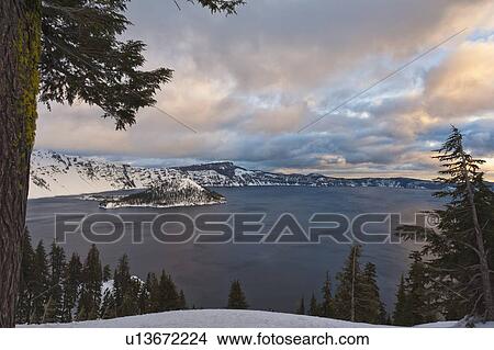 Picture - View over Crater Lake in winter. Fotosearch