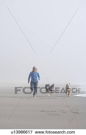 Woman running on sandy beach in fog with her dogs beside her View Large Photo Image Stock Photo - Woman running on sandy beach in fog with her dogs beside her. Fotosearch