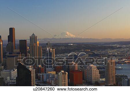 Stock Image - Aerial view of Seattle city skyline. Fotosearch