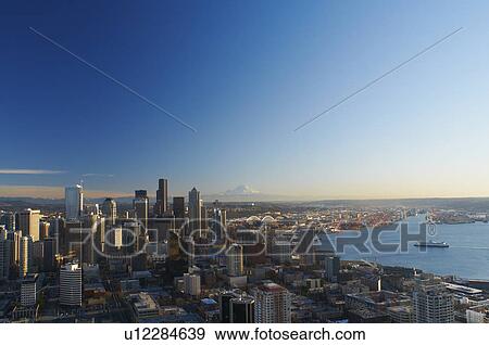 Aerial view of Seattle city skyline View Large Photo Image Stock Photo - Aerial view of Seattle city skyline. Fotosearch