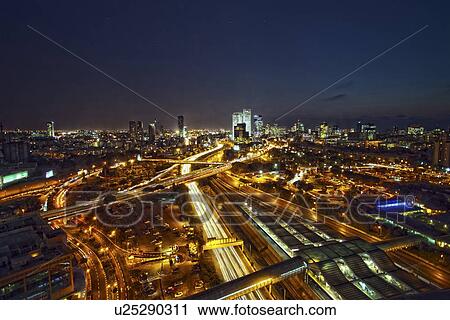 Aerial view of Tel Aviv lit up at night View Large Photo Image Stock Image - Aerial view of Tel Aviv lit up at night. Fotosearch
