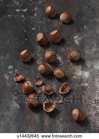 Stock Photography - Close up of hazelnuts on wooden board. Fotosearch