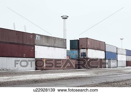 Containers in snowy harbor View Large Photo Image Stock Photo - Containers in snowy harbor. Fotosearch