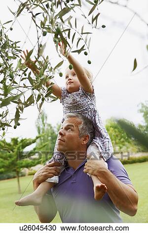 Stock Image - Father helping daughter pick fruit. Fotosearch