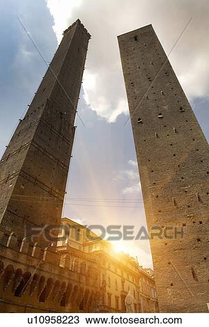 Stock Image - Low angle view of stone towers in city. Fotosearch