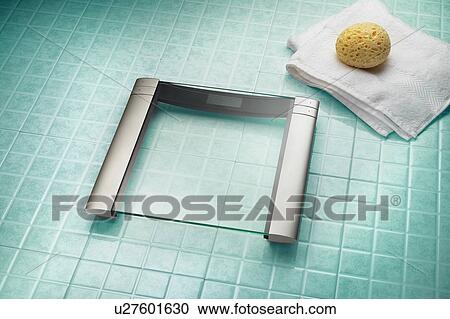 Modern weighing scale on bathroom floor View Large Photo Image Stock Image - Modern weighing scale on bathroom floor. Fotosearch