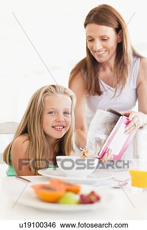 Mother pouring cereal for daughter View Large Photo Image Stock Photograph - Mother pouring cereal for daughter. Fotosearch