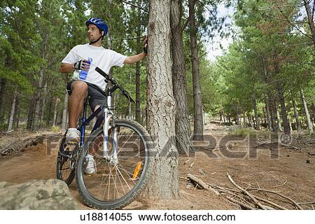 Mountain biker drinking water in forest View Large Photo Image Stock Photography - Mountain biker drinking water in forest. Fotosearch