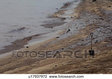 Shovel in sand on oily beach View Large Photo Image Stock Image - Shovel in sand on oily beach. Fotosearch